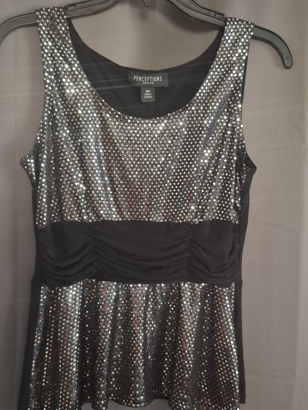 Vintage Perceptions Petite 6P Silver Sequin Black Peplum Top